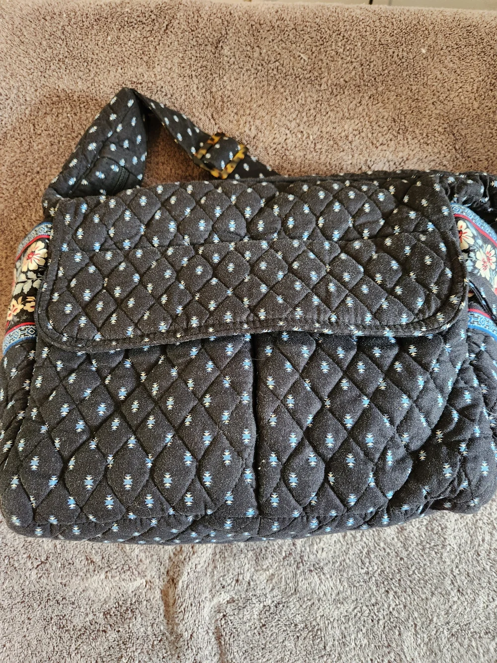 Vera Bradley Black Quilted Crossbody with Floral Trim